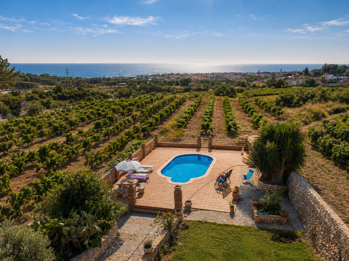 Private swimming pool with sun loungers overlooking vineyards and Mediterranean sea at Masia St Salvador 1582